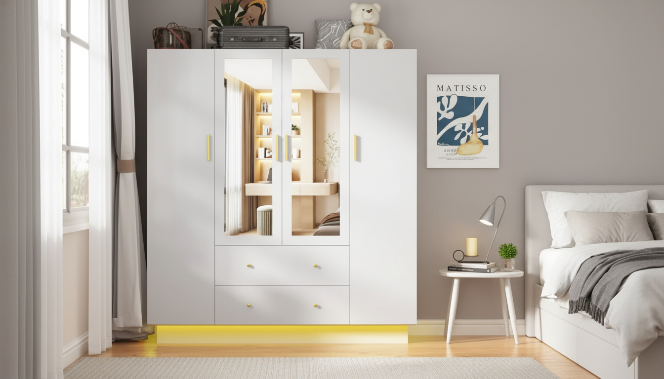 4-Door LED Wardrobe Closet: Mirror Doors, Drawers & Hanging