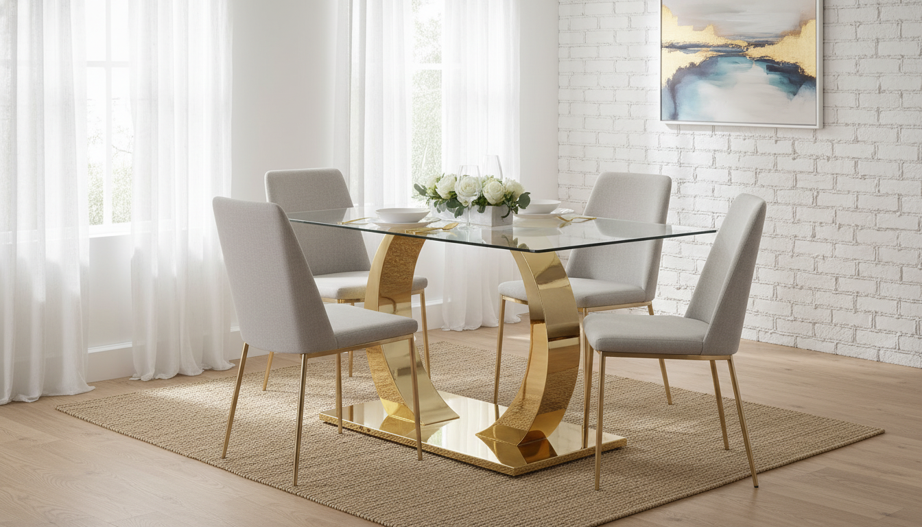 63-Inch Glass Dining Table With Gold Legs (Seats 4–6)