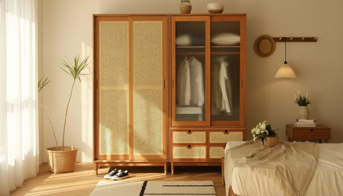 Ash Wood Sliding Wardrobe with Artistic Glass Doors