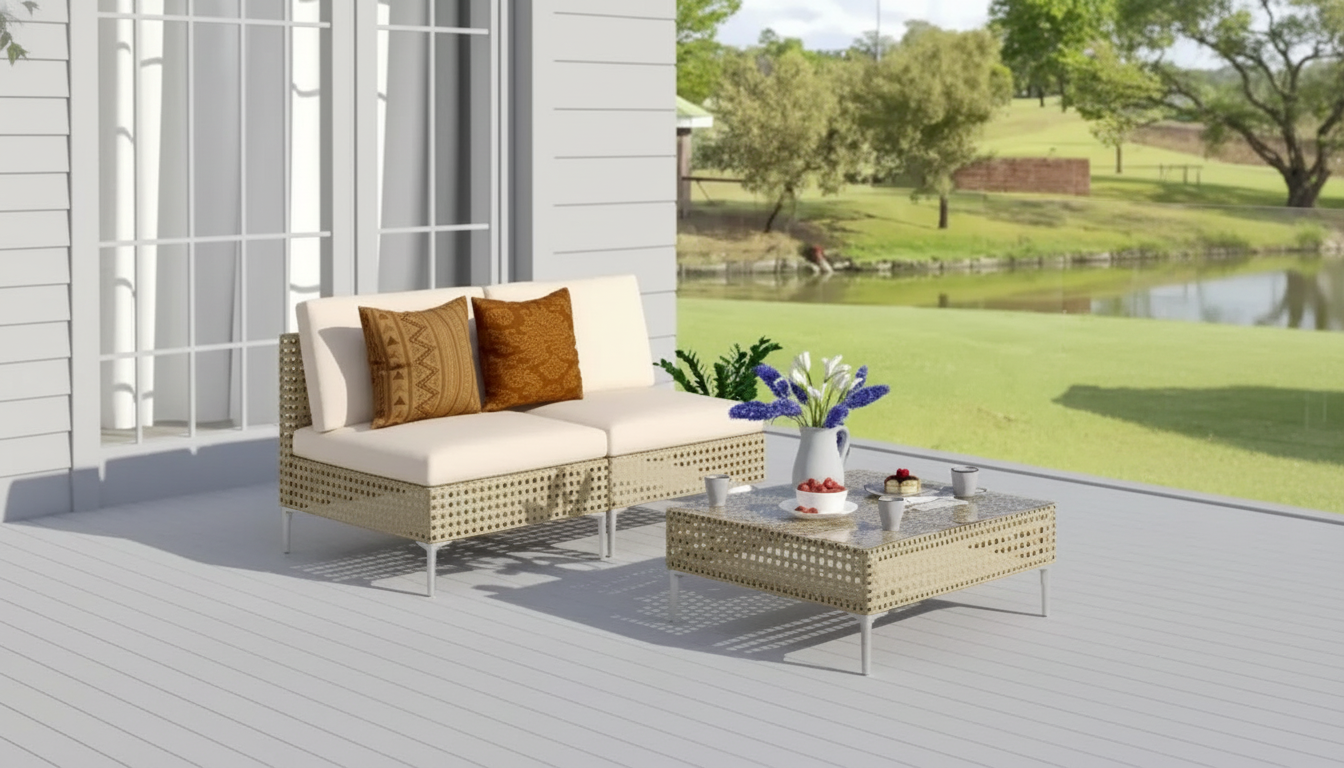 Compact 3-Piece Wicker Patio Sofa Set + Coffee Table