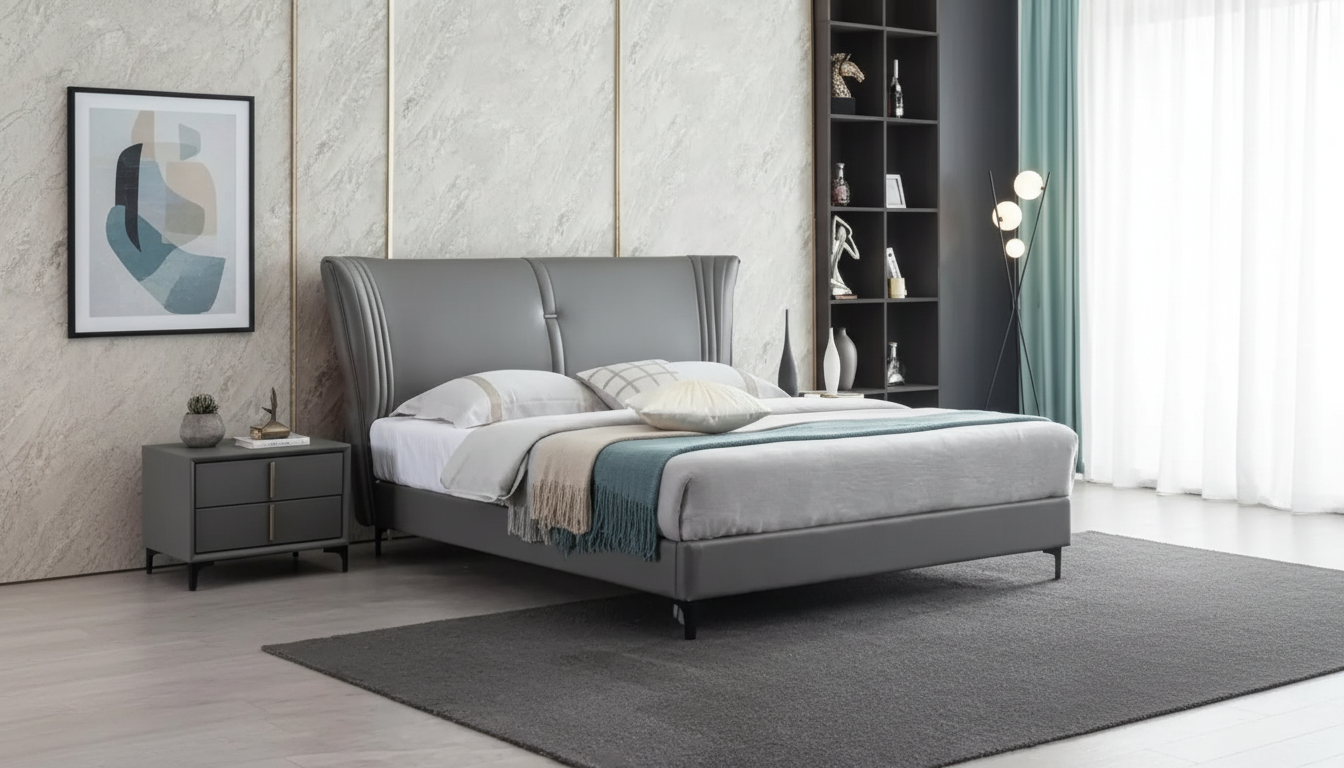 King PU Leather Bed with Tall Headboard: Elegant Look