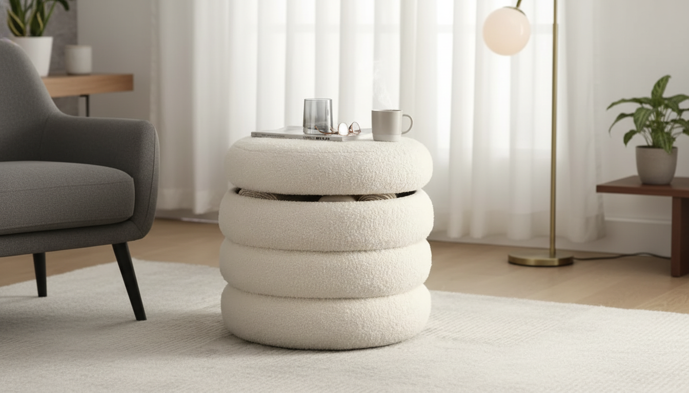Round Bouclé Storage Ottoman: Sherpa Footstool with Lid