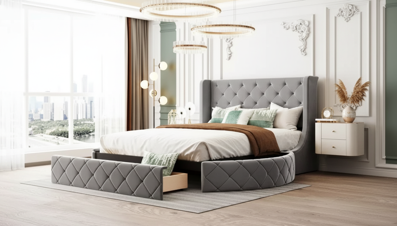 Velvet Wingback Queen Platform Bed with Hidden Storage