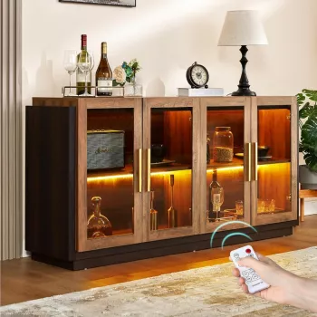 64-Inch Modern Sideboard with Glass Doors & LED Glow